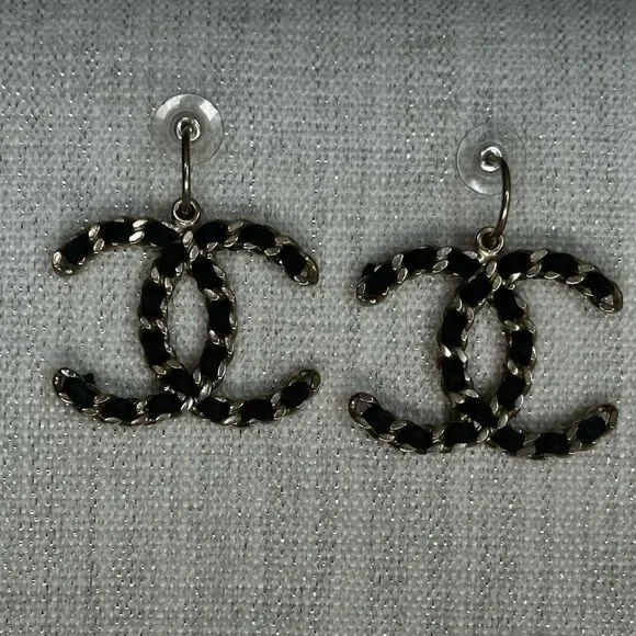 Chanel Vintage Black Gold Chain Dangle Jumbo Earrings Rare Limited Edition - Picture 9 of 14